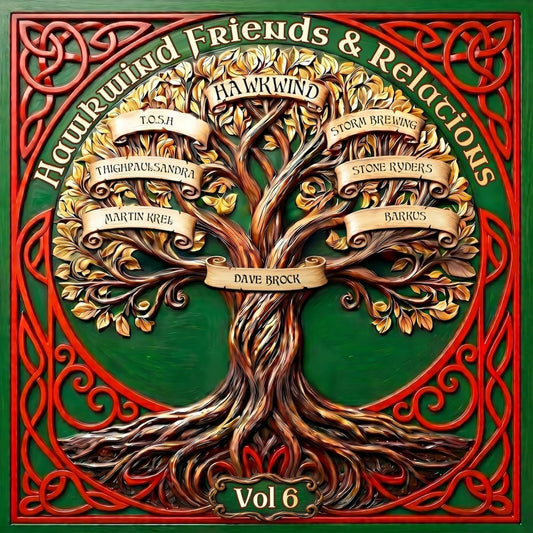 Hawkwind album cover: a green tree with names on hanging shields.