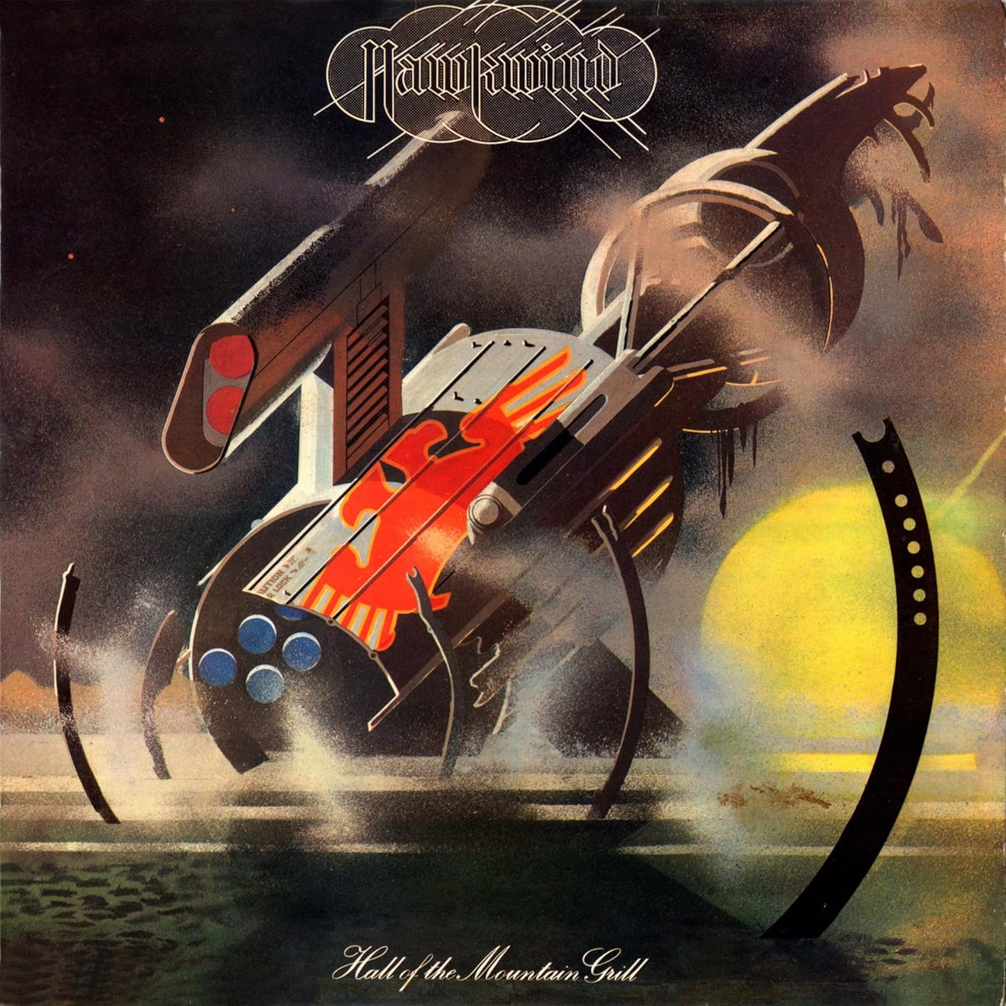 Hawkwind album cover: a futuristic, silver spaceship over a landscape.
