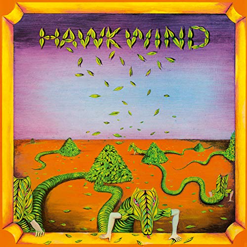 Surreal painting of green leaf-covered creatures in an orange desert under a purple sky.