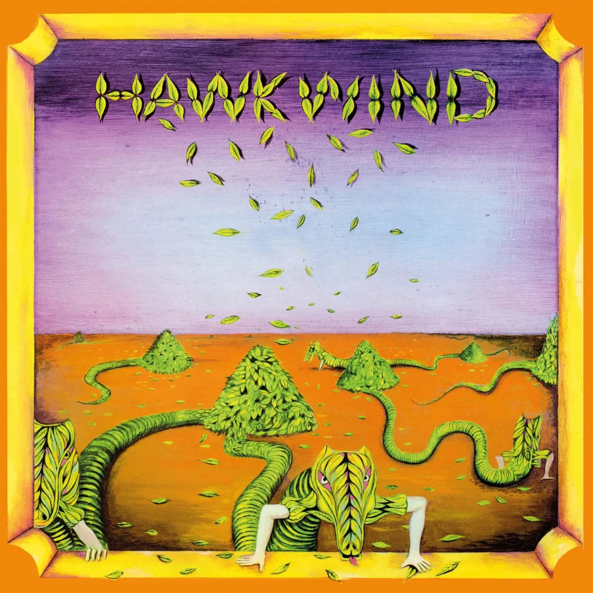 Hawkwind album cover: fantastical landscape with dragons and falling leaves.