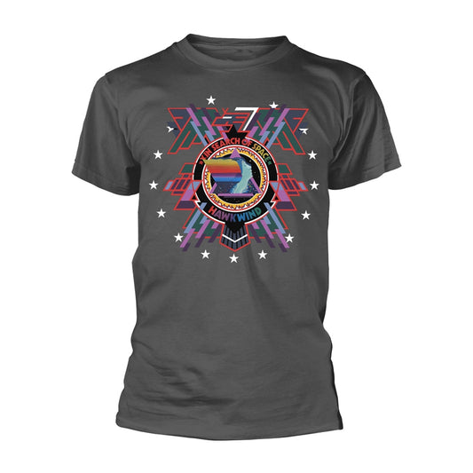 Charcoal t-shirt with a colorful, circular "In Search of Space" album design.