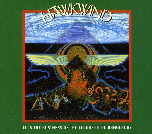 Hawkwind album cover with surreal artwork, green background, and white text.