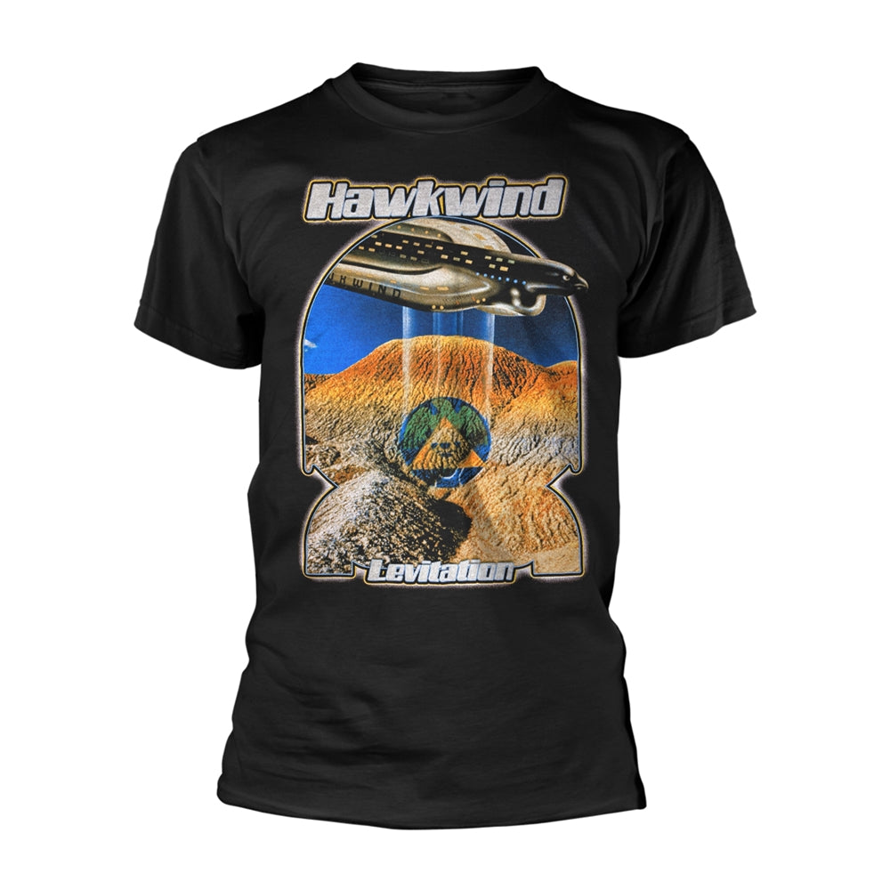 Black t-shirt with "Hawkwind - Levitation" album art featuring a spaceship.