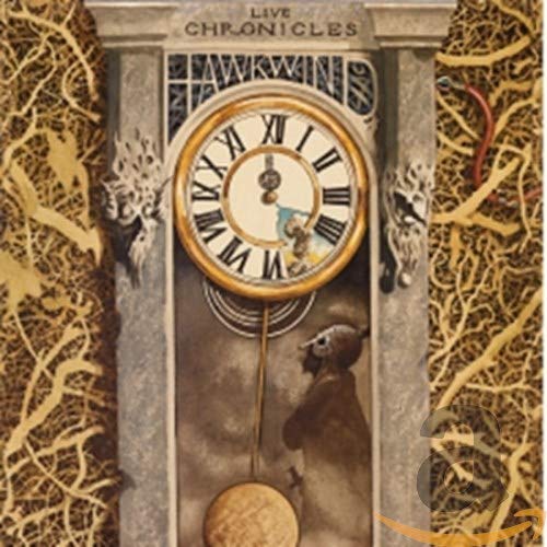 An ornate grandfather clock with a figure inside, surrounded by a tangled root background.