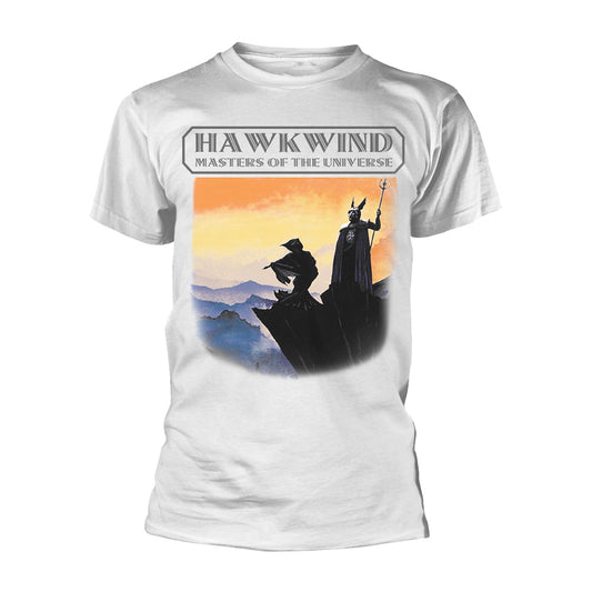 White t-shirt featuring Hawkwind’s “Masters of the Universe” album cover art.