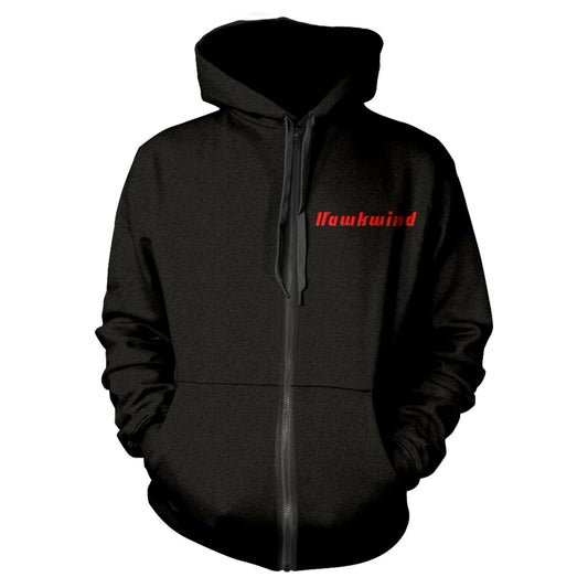 Black zip-up hoodie with red "Hawkwind" text on the chest.