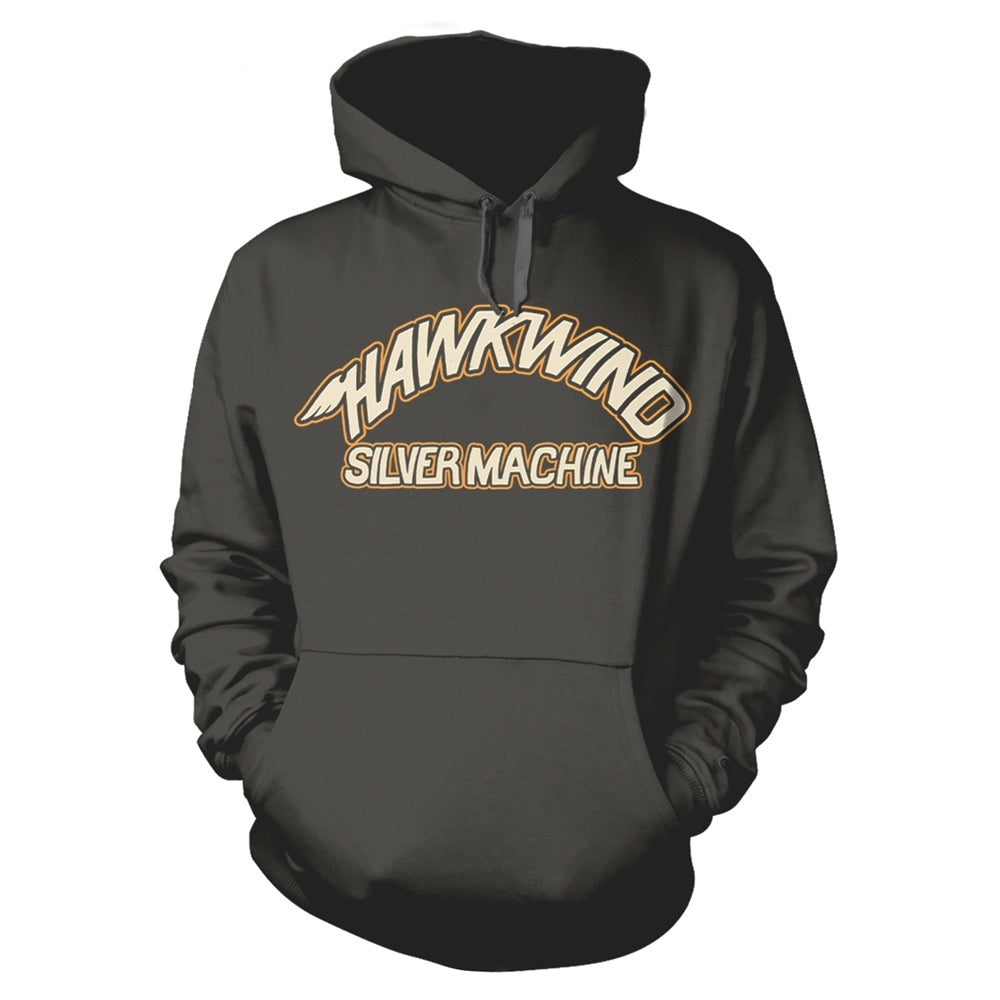 Charcoal grey hoodie with "Hawkwind Silver Machine" text in gold and white.