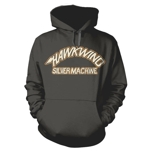 Charcoal grey hoodie with "Hawkwind Silver Machine" text in gold and white.