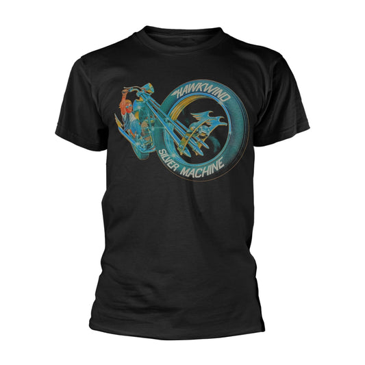 Black t-shirt with a graphic of a motorcycle and “Hawkwind Silver Machine”.