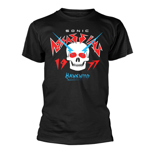 Black t-shirt with a skull and lightning bolt graphic, “Hawkwind” text.