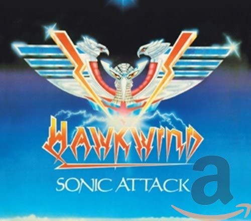 Album cover featuring a stylized metallic hawk emblem above the Hawkwind Sonic Attack logo.
