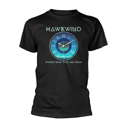 Black t-shirt with a clock graphic and "HAWKWIND - STORIES FROM TIME AND SPACE".