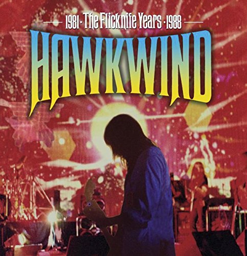 Hawkwind album cover: red and yellow text, silhouetted figure with guitar.