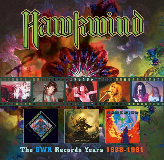 Hawkwind CD cover with floral background and filmstrip of band photos.