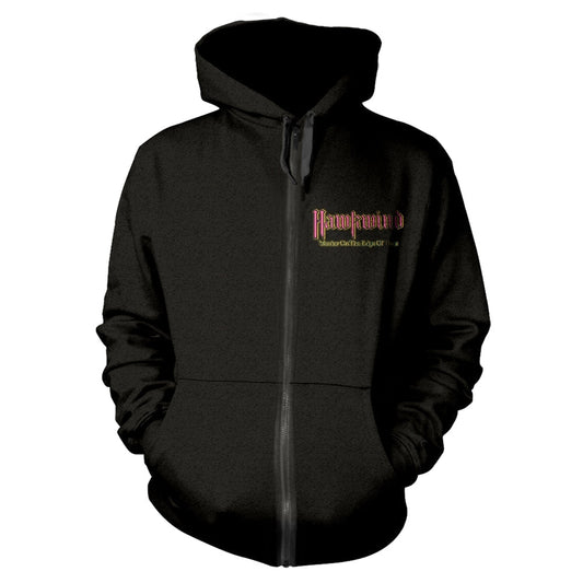 Black zip-up hoodie with "Hawkwind" and album title text on chest.