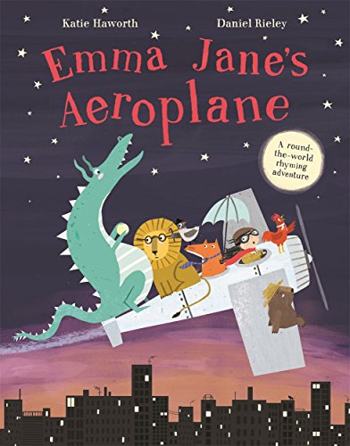 A girl and various animals flying in an aeroplane over a city at night.