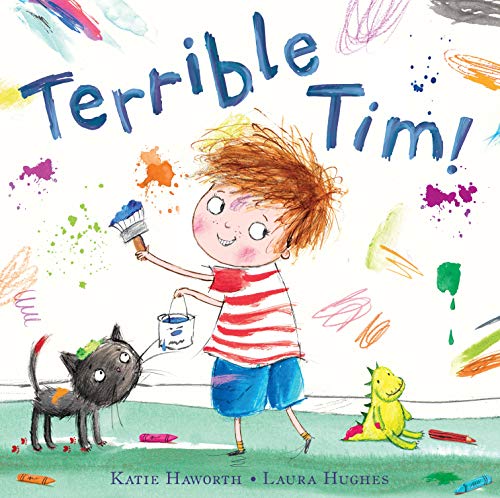 Book cover: boy with paintbrush, black cat, and green dinosaur, colorful splashes.