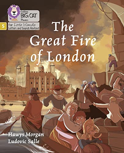 Book cover depicting the Great Fire of London with people and buildings.
