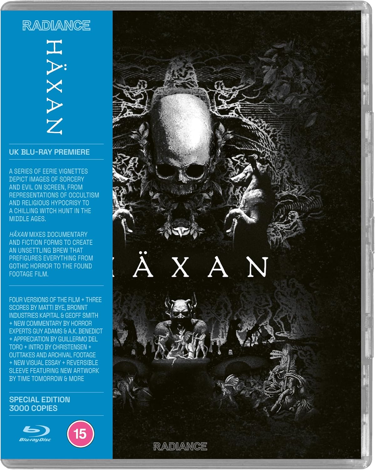 Blu-ray cover for Haxan featuring a skull, demonic figures, and dark, gothic illustrations.