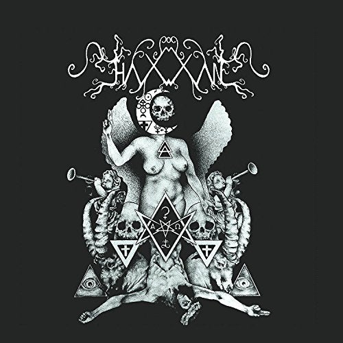 Black and white illustration of a winged figure with occult symbols.