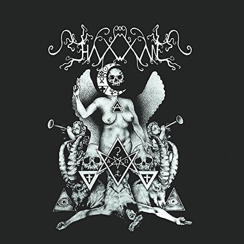 Black and white album cover with occult imagery, skull, and winged figures.