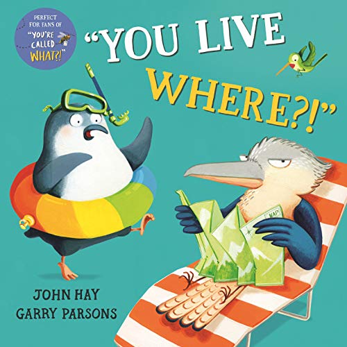 Book cover: penguin in life preserver, eagle reading a map, beach scene.