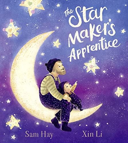 Boy and man sit on a crescent moon, looking at stars.