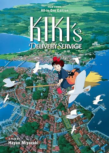 Kiki and her cat Jiji fly on a broomstick over a coastal European town.