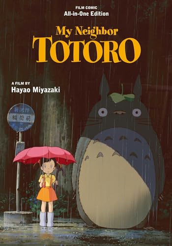 A girl with a red umbrella stands in rain next to Totoro at a bus-stop.