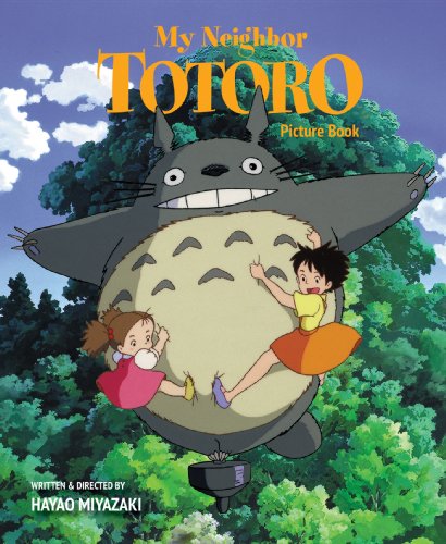 Totoro flies over a forest holding two young girls against a blue sky.