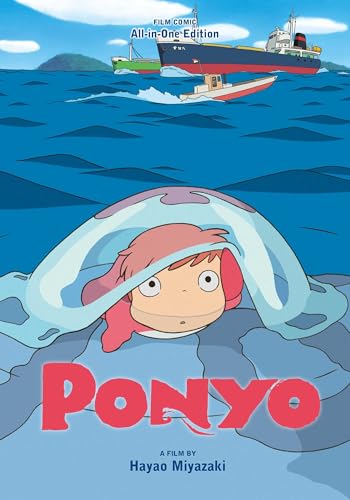 Ponyo peeks from under a jellyfish in the ocean with ships in the background.