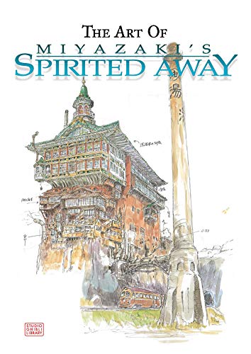 Watercolor illustration of the bathhouse from Spirited Away on a white book cover.