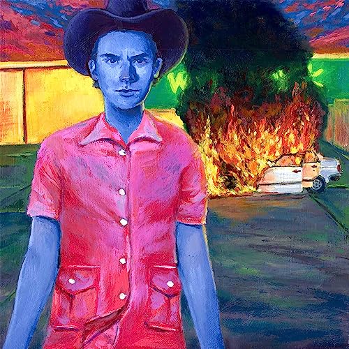 Painted portrait of a man in a cowboy hat with a car fire behind him.