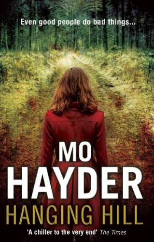 Book cover: woman in red coat facing a dark, wooded hill.