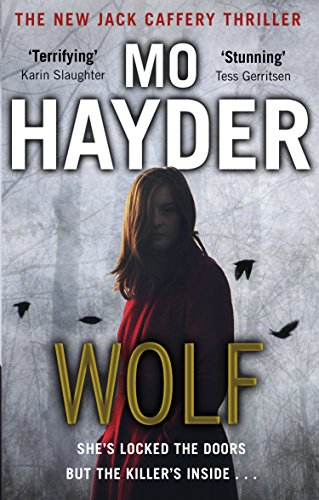 Book cover: woman in red, wolf silhouette, dark forest background.