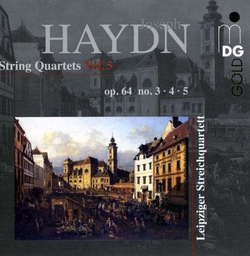 "CD cover with Haydn String Quartets title, cityscape image, and Leipziger Streichquartett text."