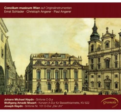 CD cover with a sketched cityscape and text listing composers Haydn and Mozart.