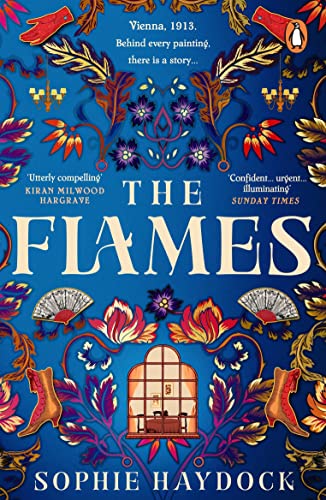 Book cover for “The Flames” with floral patterns and a window scene.