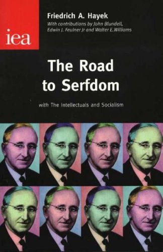 Book cover for The Road to Serfdom featuring a grid of Friedrich Hayek portraits.