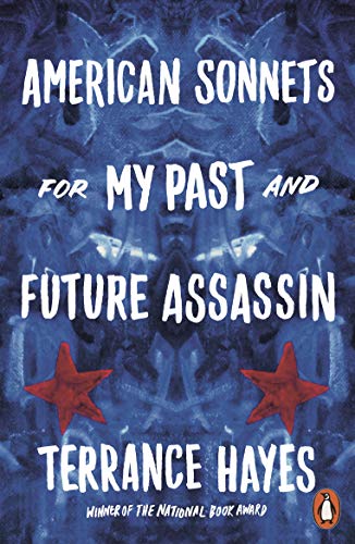 Book cover with white text on a blue abstract background and two red stars.