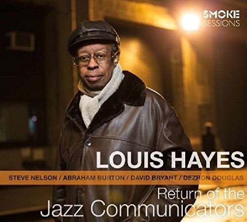 "Album cover featuring Louis Hayes in a leather jacket and cap, with text overlay."