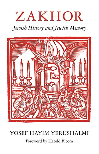 Book cover: “Zakhor” with red illustration of a synagogue and figures.