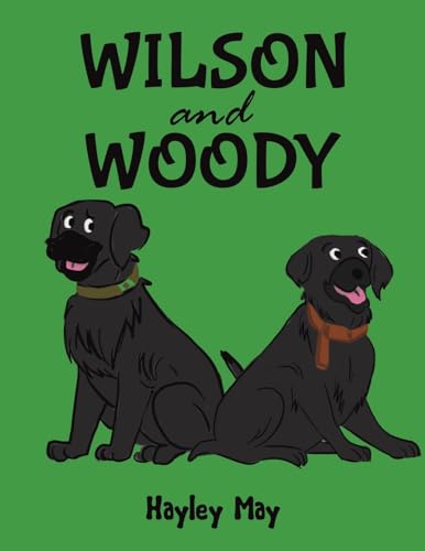 Book cover featuring two smiling black Labrador dogs on green background.