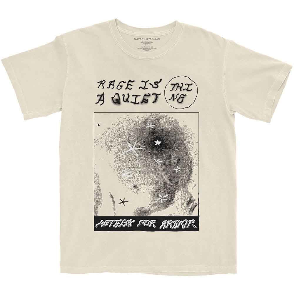 Beige t-shirt with "Rage Is The Quiet" graphic and arm tattoos.