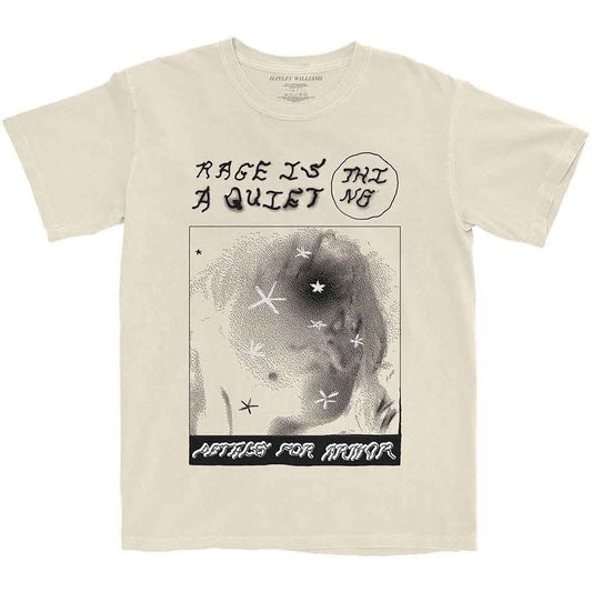 Beige t-shirt with "Rage Is The Quiet" graphic and arm tattoos.