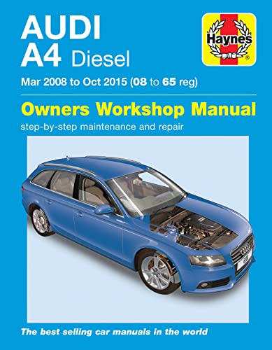 Haynes repair manual cover for a blue Audi A4 Diesel, engine open.