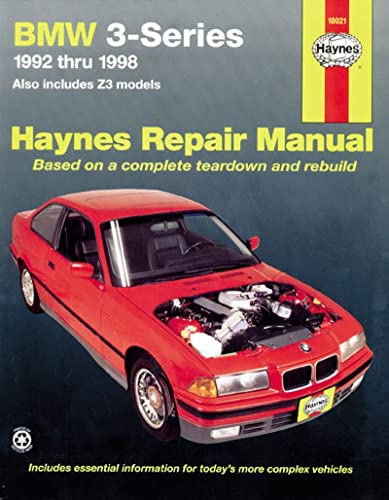 Haynes repair manual cover for 1992-1998 BMW 3-Series, red car shown.