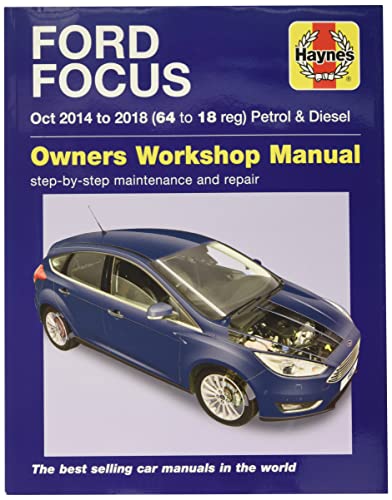 Haynes Ford Focus repair manual cover featuring a blue car with an open hood.