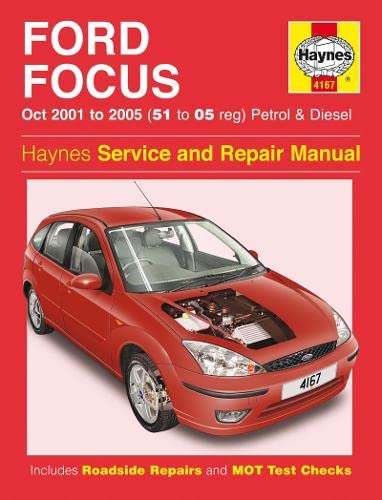 Red Ford Focus car on cover of Haynes repair manual.