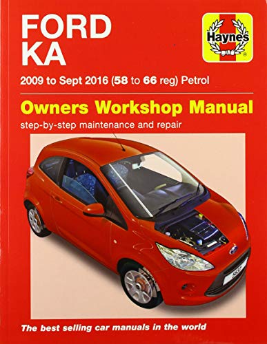 Red Ford Ka car repair manual cover, Haynes branding visible.